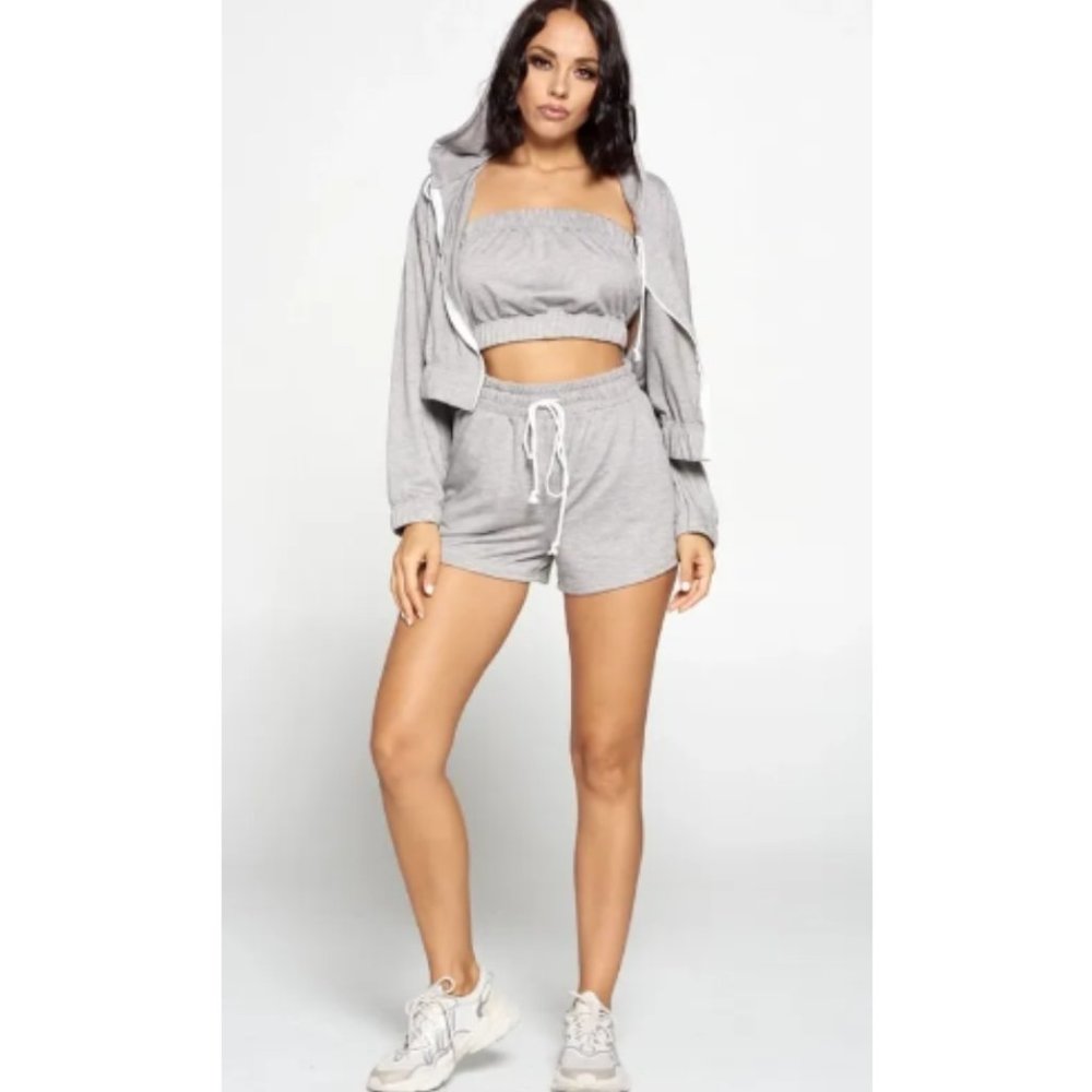 NWT Gray Hoodie Jacket Bandeau Cropped Top & Shorts Tres Set